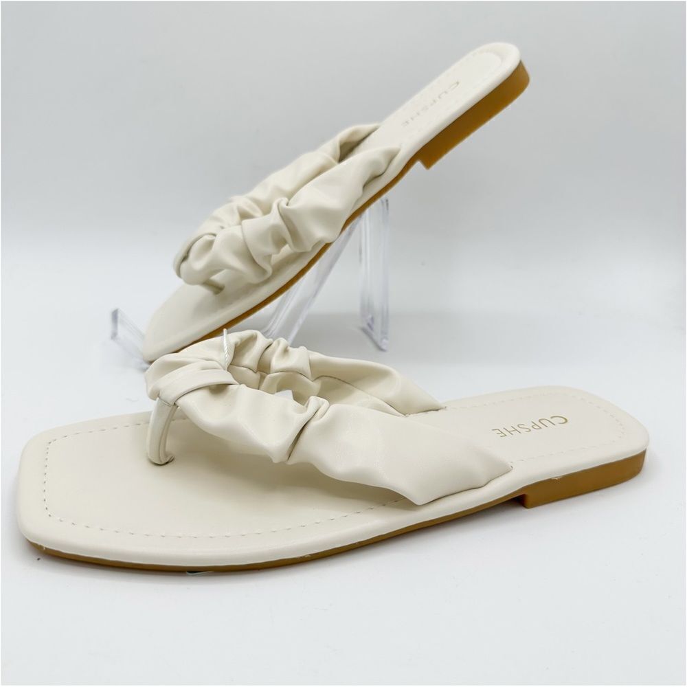Y2K Cream Ruched‎ Flip Flop Flat Slip-On Sandals New US 8 EUR 38